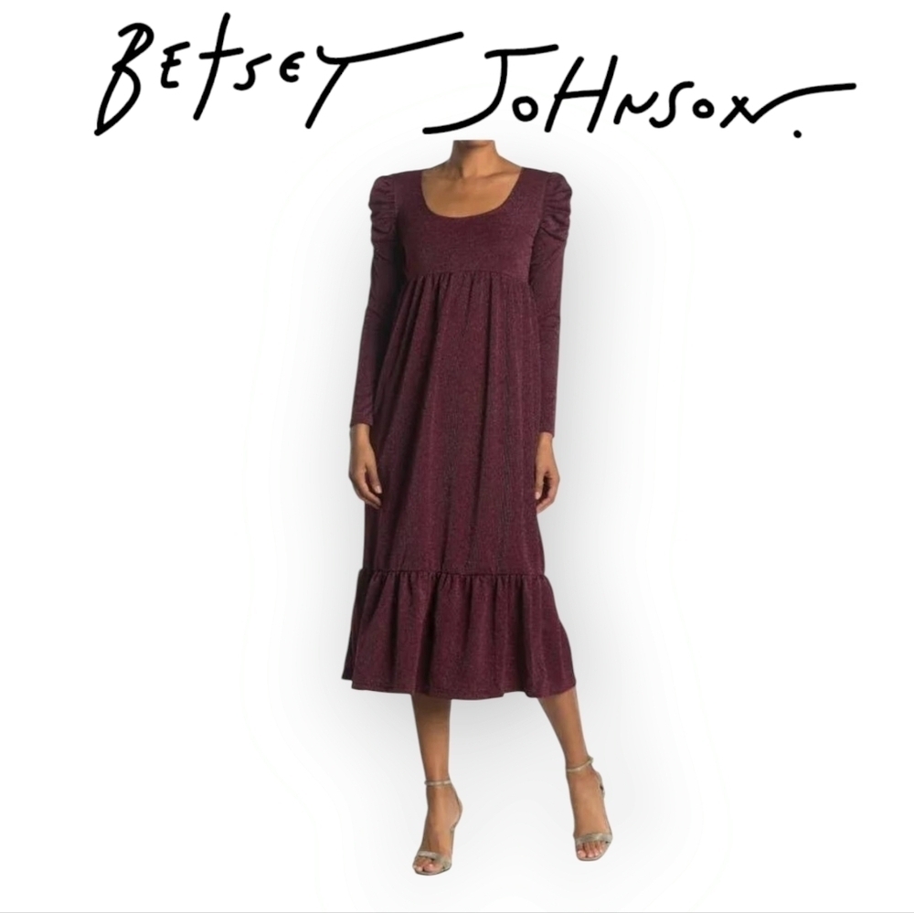 Betsey Johnson Metallic Rib Midi Dress Wine Ruched Sleeves Ruffle Hem NWT